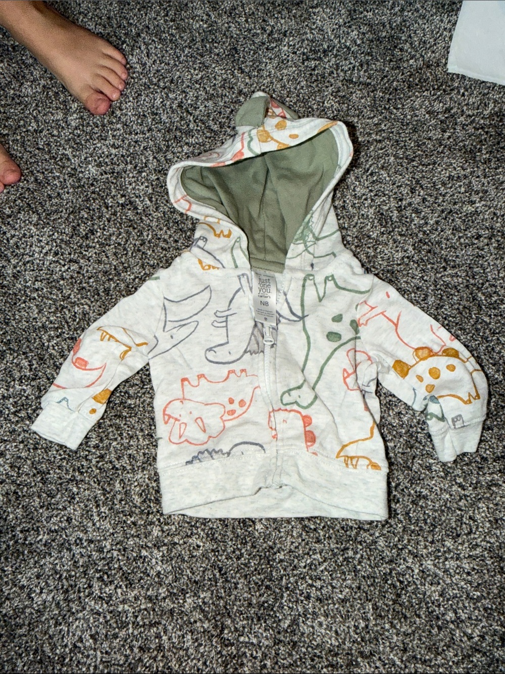 Carter's Cream Hoodie with Multicolor Dinosaur Print and Olive Lining